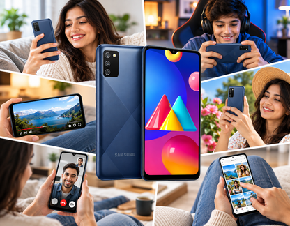 Samsung Galaxy M02s Blue Samsung smartphone shown in hand with front screen and back camera
