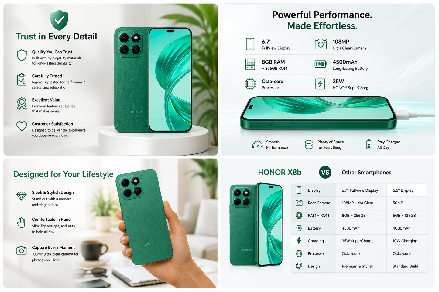 Green smartphone with rear camera cluster and front display, shown together