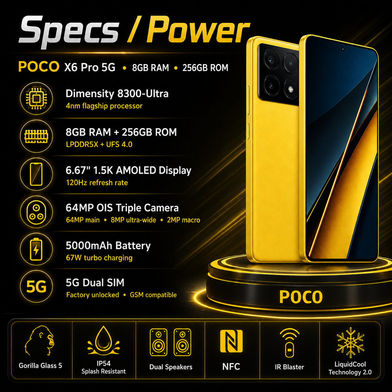 Xiaomi Poco X6 PRO 5G 256GB ROM 8GB RAM Dual SIM GSM Unlocked - Yellow