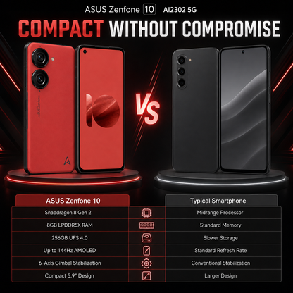 Red ASUS Zenfone 10 vs black smartphone comparison, showing front screens and dual rear cameras.