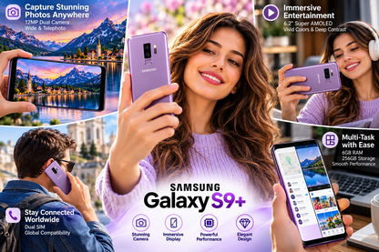 Samsung Galaxy S9+ smartphone in lilac purple held by people, screens on display