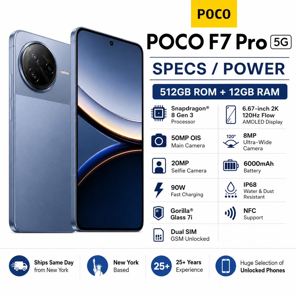 Xiaomi Poco F7 PRO 5G 512GB ROM 12GB RAM Dual Sim GSM Unlocked - Blue