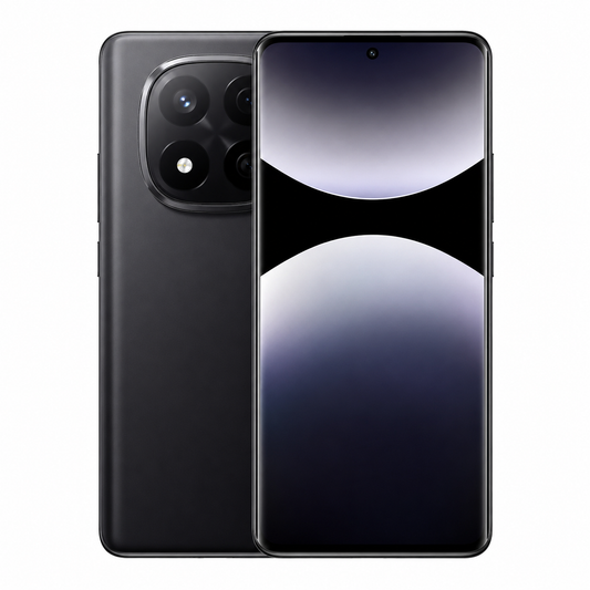 Midnight black 5G smartphone with dual rear cameras and front display