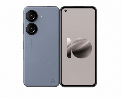 Asus Zenfone 10 5G smartphone, blue body with front screen and dual rear cameras.