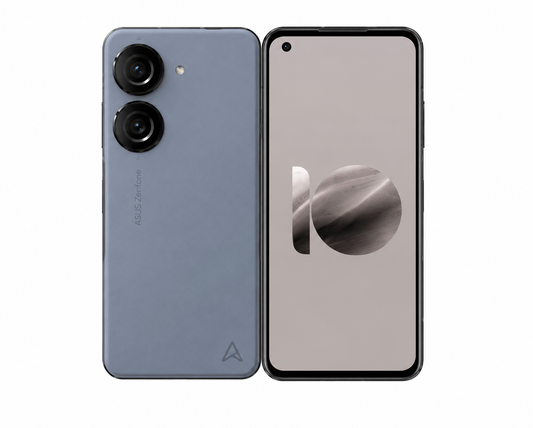 Asus Zenfone 10 5G smartphone, blue body with front screen and dual rear cameras.