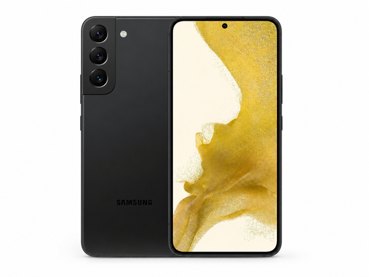 Samsung Galaxy S22+ Phantom Black smartphone showing front display and back with triple rear cameras