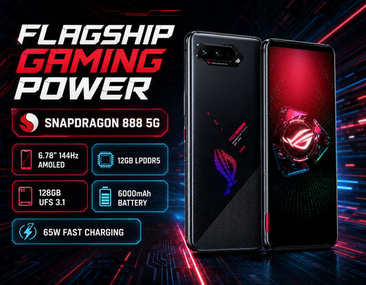 Asus ROG Phone 5 Black gaming smartphone with rear camera bar and glowing RGB-style emblem