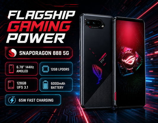 Asus ROG Phone 5 Black gaming smartphone with rear camera bar and glowing RGB-style emblem