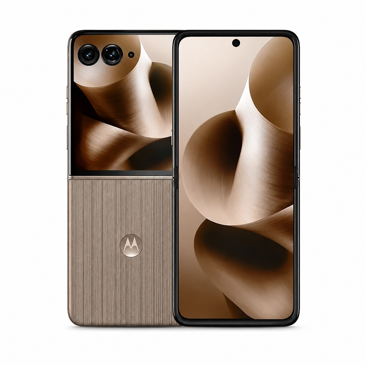 Foldable smartphone with bronze textured back, dual rear cameras, front display open