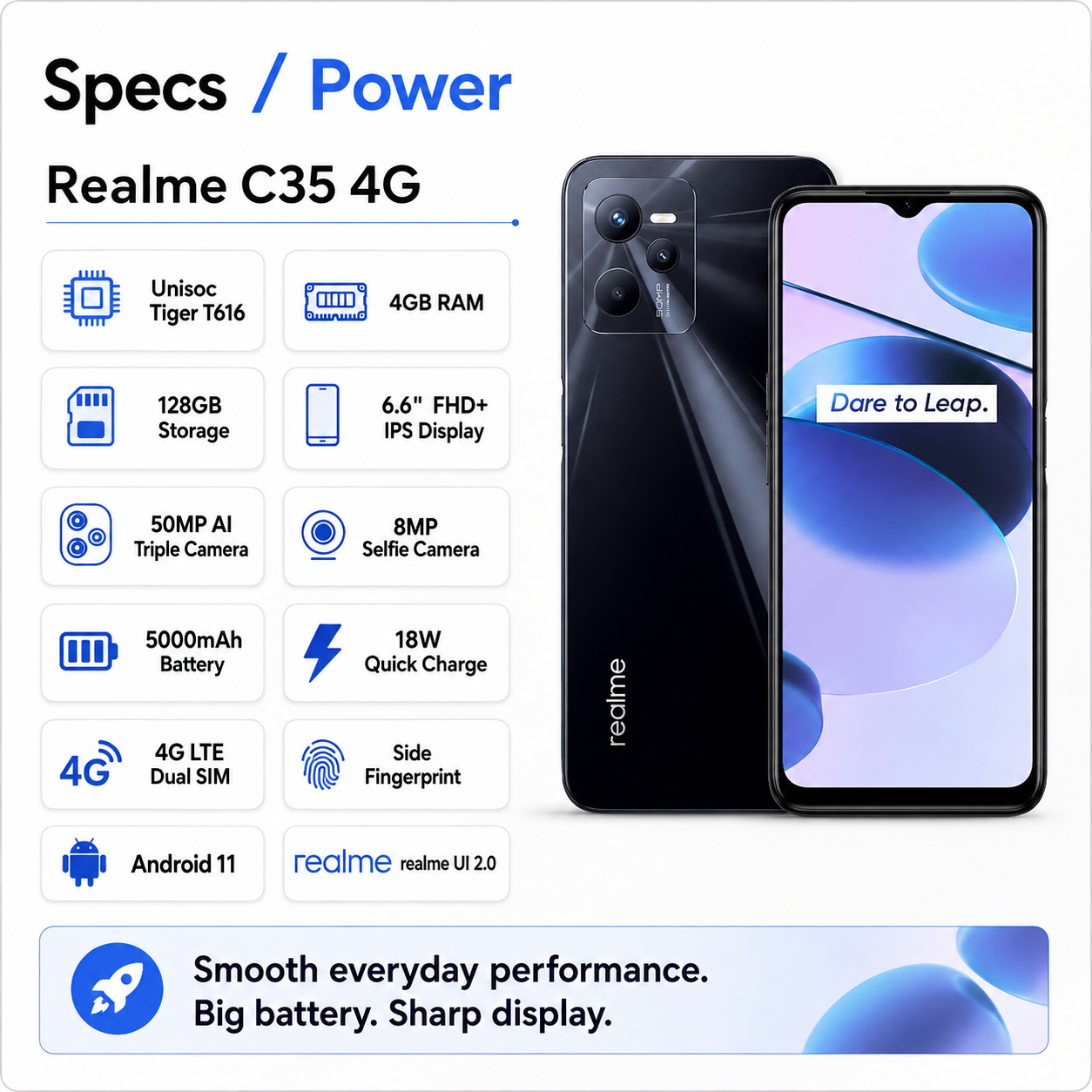 Realme C35 4G smartphone in glowing black with lit front IPS display and rear cameras