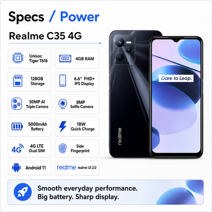 Realme C35 4G smartphone in glowing black with lit front IPS display and rear cameras