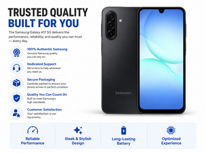 Black Samsung Galaxy A17 5G phone front and back render with blue display