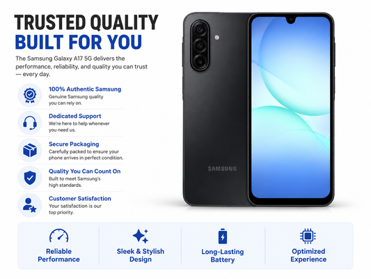 Black Samsung Galaxy A17 5G phone front and back render with blue display
