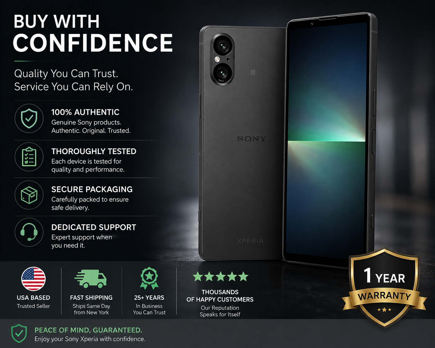 Sony Xperia 5 V 5G Black Sony Xperia smartphone with 1-year warranty badge