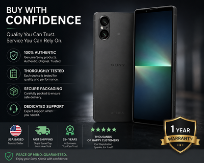 Sony Xperia 5 V 5G Black Sony Xperia smartphone with 1-year warranty badge