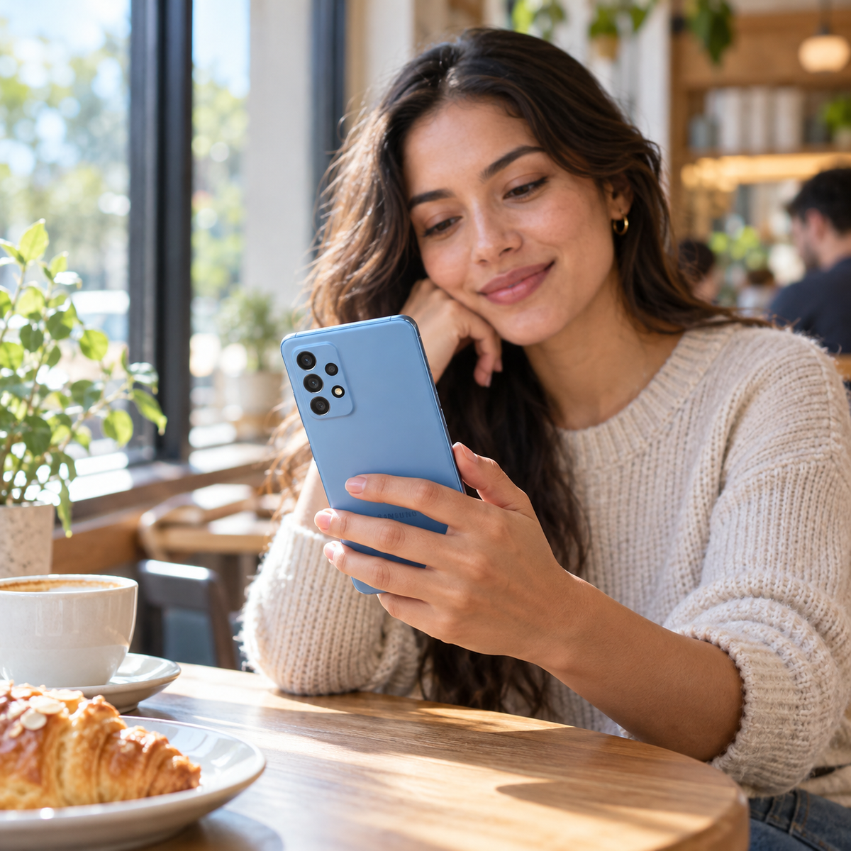 Samsung Galaxy A52 5G Woman using an Awesome Blue smartphone with rear quad cameras facing her