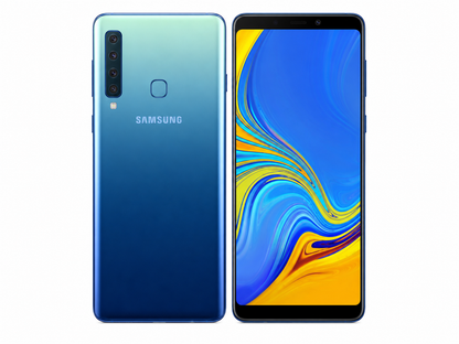 Samsung Galaxy A920f Lemonade blue Samsung smartphone front and back, rear camera array and display