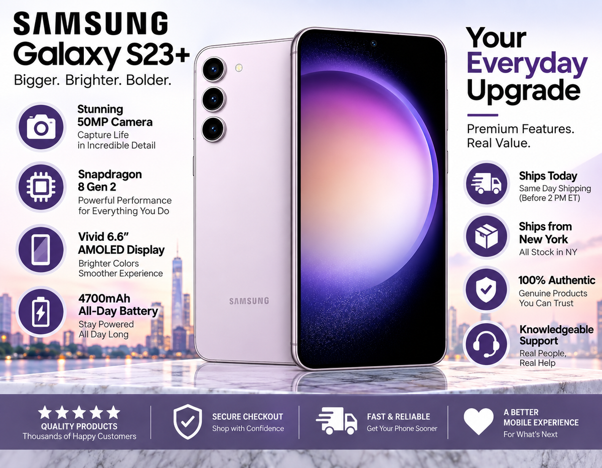 Lavender Samsung Galaxy S23+ smartphone with front display and 50MP camera callout