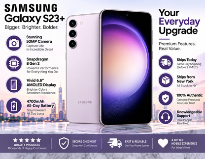 Lavender Samsung Galaxy S23+ smartphone with front display and 50MP camera callout