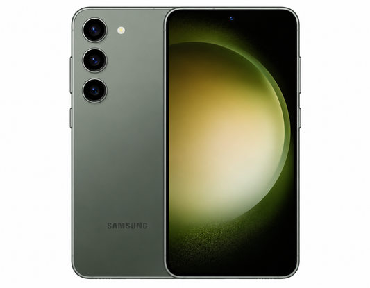 Samsung Galaxy S23 5G Green Samsung smartphone shown front screen and back panel with triple camera lenses