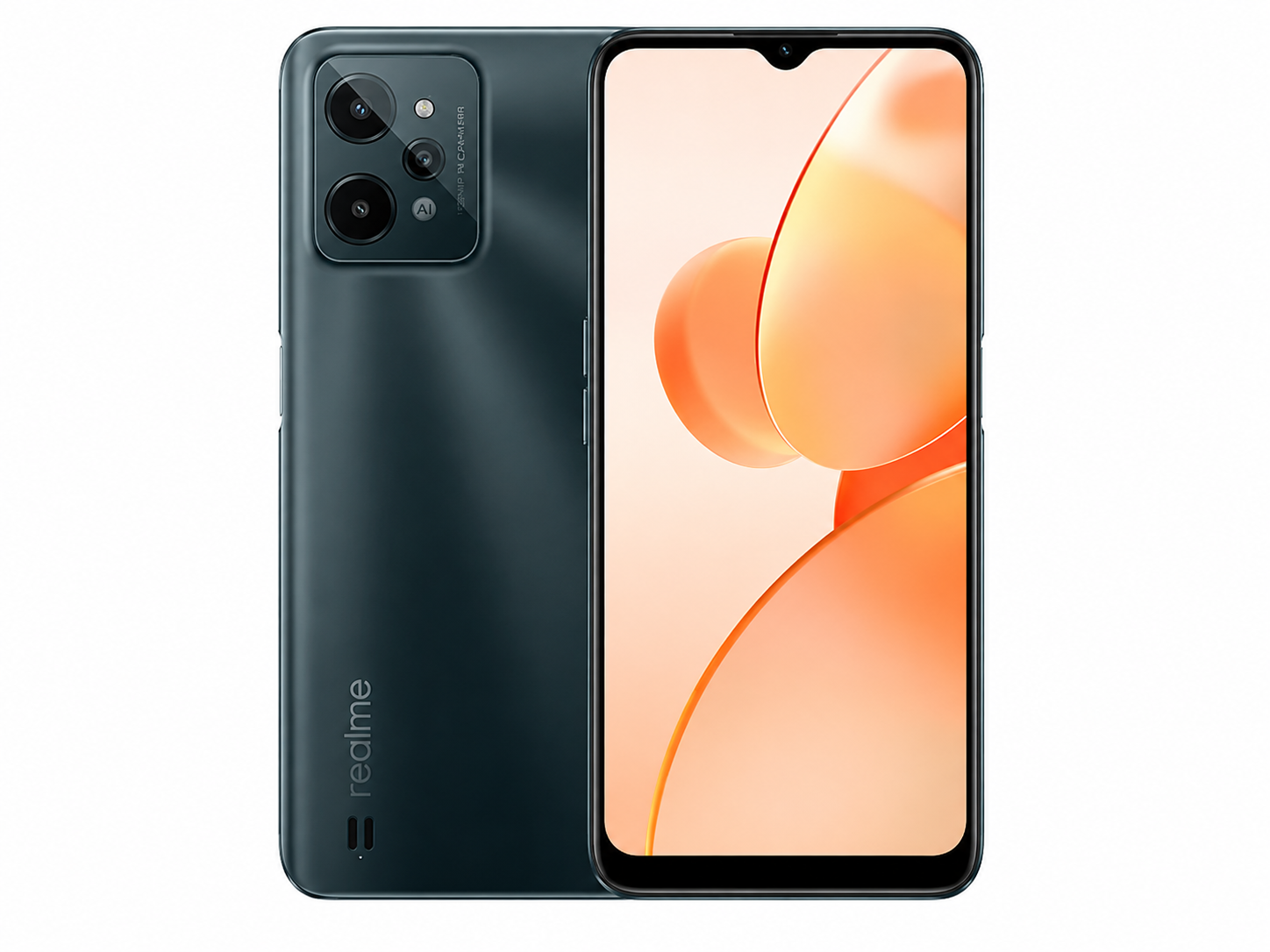 realme C31 4G Dark green realme smartphone with dual rear cameras and front display on
