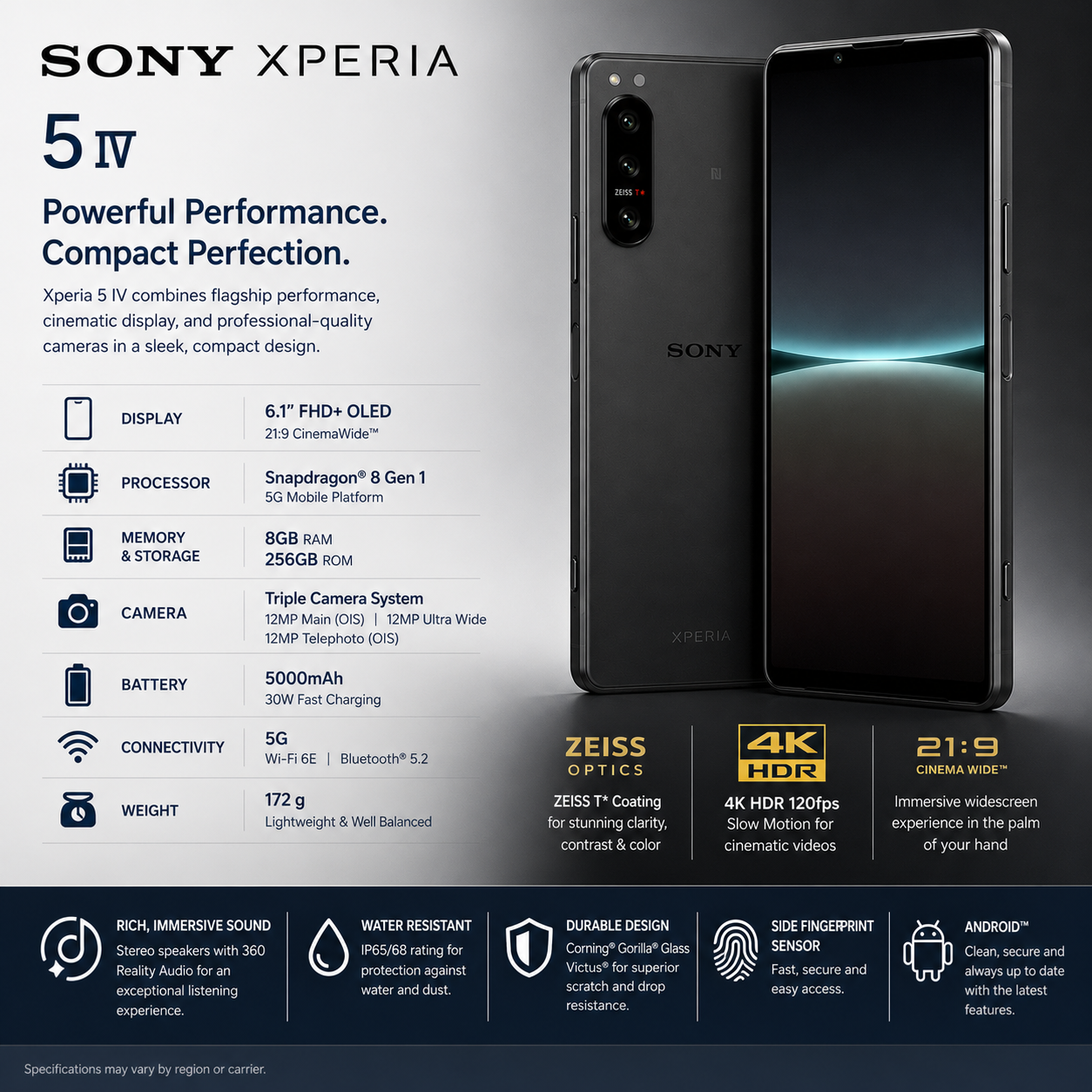 Sony Xperia 5 IV smartphone in black with front screen and rear camera module visible