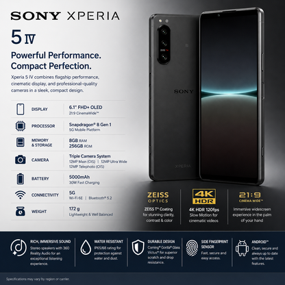 Sony Xperia 5 IV smartphone in black with front screen and rear camera module visible