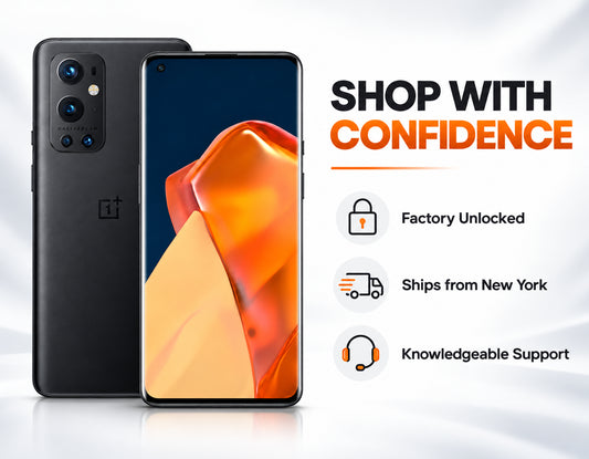 OnePlus 9 Pro smartphone in Stellar Black, front screen with orange wallpaper and back camera
