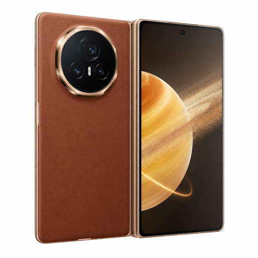 Brown foldable smartphone with triple rear cameras and front display, open.