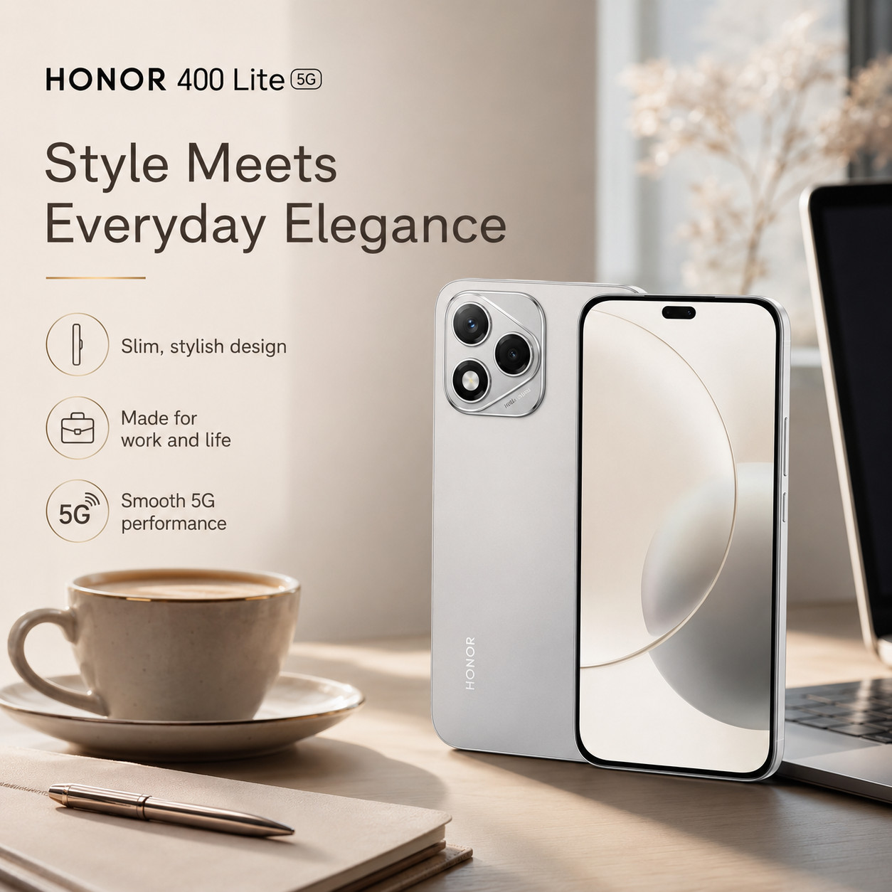 Grey Honor 400 Lite 5G slim smartphone with front screen and rear cameras