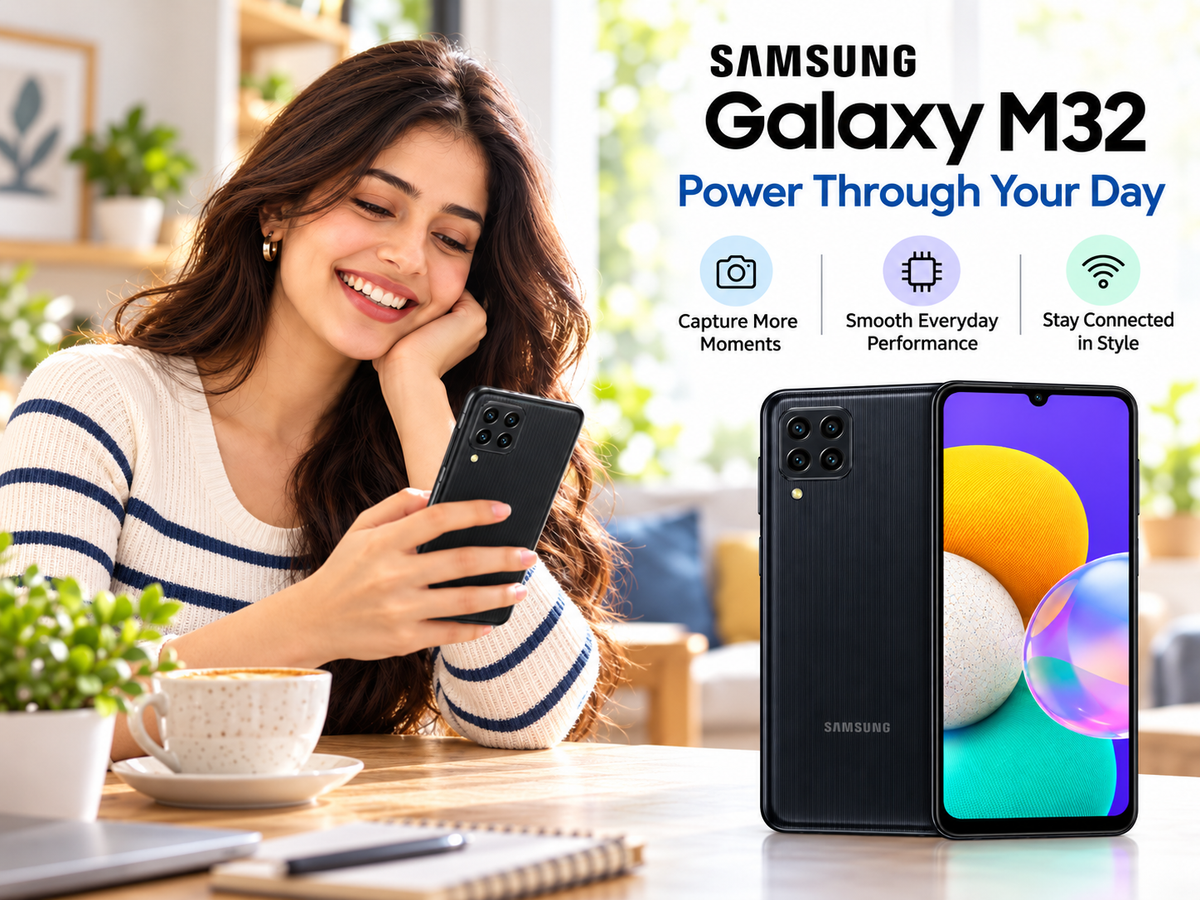 Samsung Galaxy M32 Black Samsung smartphone held in hand, showing front and rear camera lenses