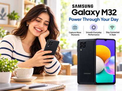 Samsung Galaxy M32 Black Samsung smartphone held in hand, showing front and rear camera lenses