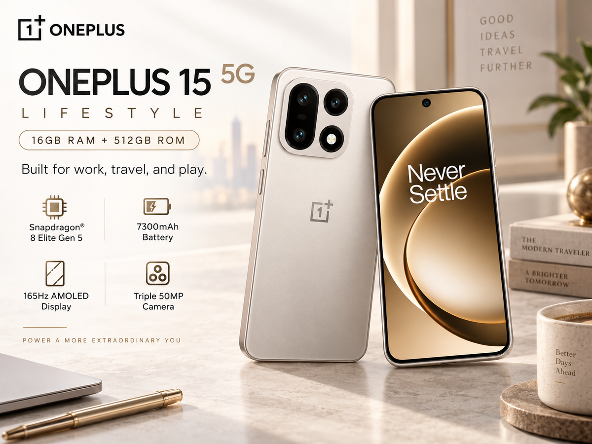 OnePlus 15 5G smartphone front and back in light beige, camera on rear