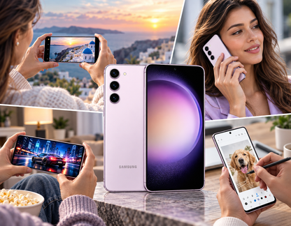 Lavender Samsung Galaxy S23+ 5G phone in hand, people using front and rear cameras