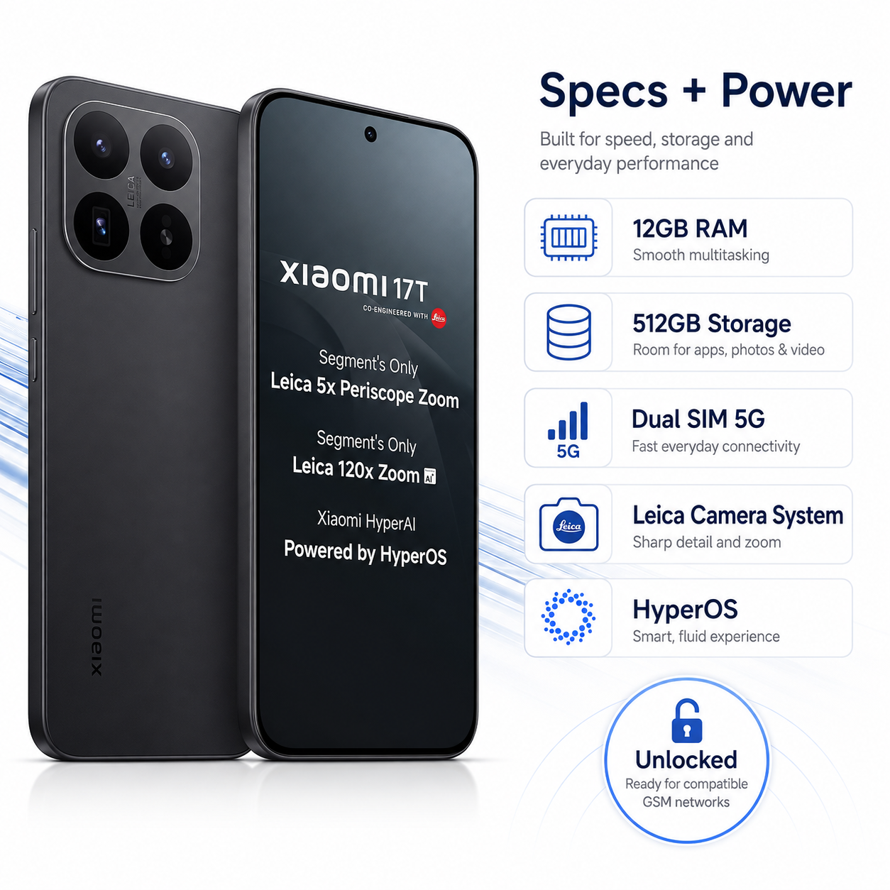 XIAOMI Mi 17T 5G  Black smartphone showing rear camera cluster and front screen with abstract wallpaper