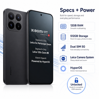 XIAOMI Mi 17T 5G  Black smartphone showing rear camera cluster and front screen with abstract wallpaper