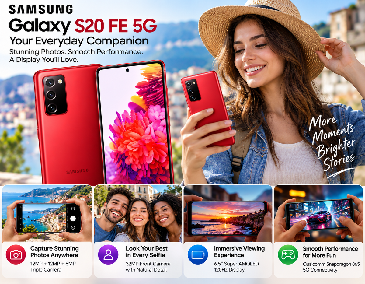 Samsung Galaxy S20 FE 5G red smartphone held in hand, back and front visible