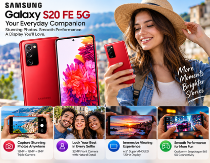 Samsung Galaxy S20 FE 5G red smartphone held in hand, back and front visible