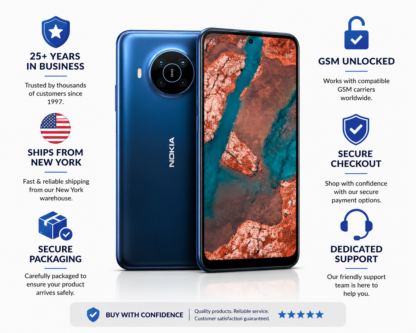 Nokia X20 5G unlocked smartphone in Nordic Blue, front and back view