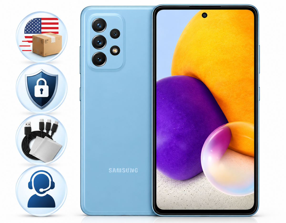 Samsung Galaxy A72 Light blue Samsung smartphone with front display and back camera module shown
