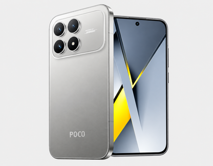 Xiaomi Poco F8 Pro 5G Silver smartphone back and black front together, triple cameras and V-shaped display