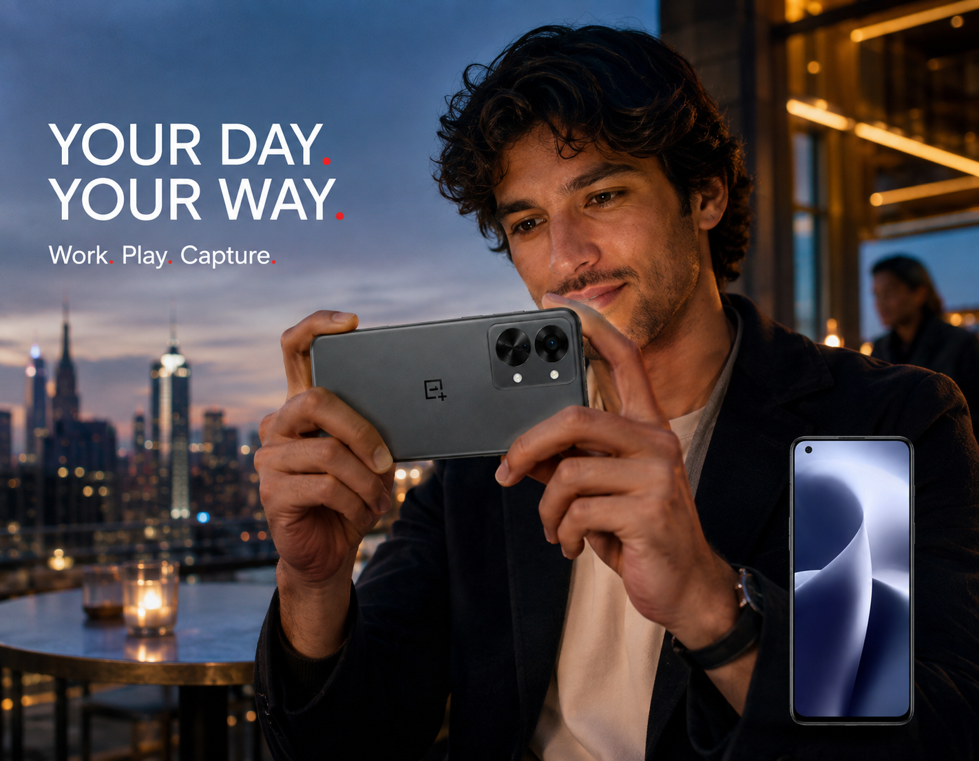 Man holding a gray OnePlus Nord 2T smartphone with back and front screens visible