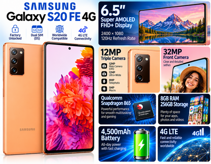 Cloud Orange Samsung Galaxy S20 FE 4G smartphone, front and rear with triple cameras