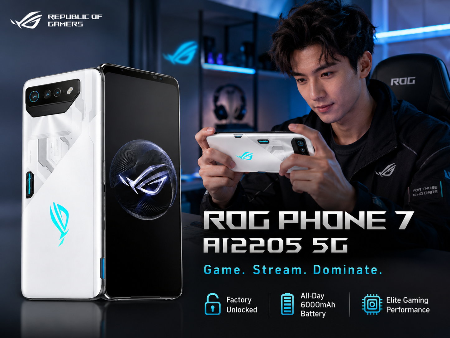 ASUS ROG Phone 7 White and black ASUS ROG gaming phones with triple rear cameras, held in hands