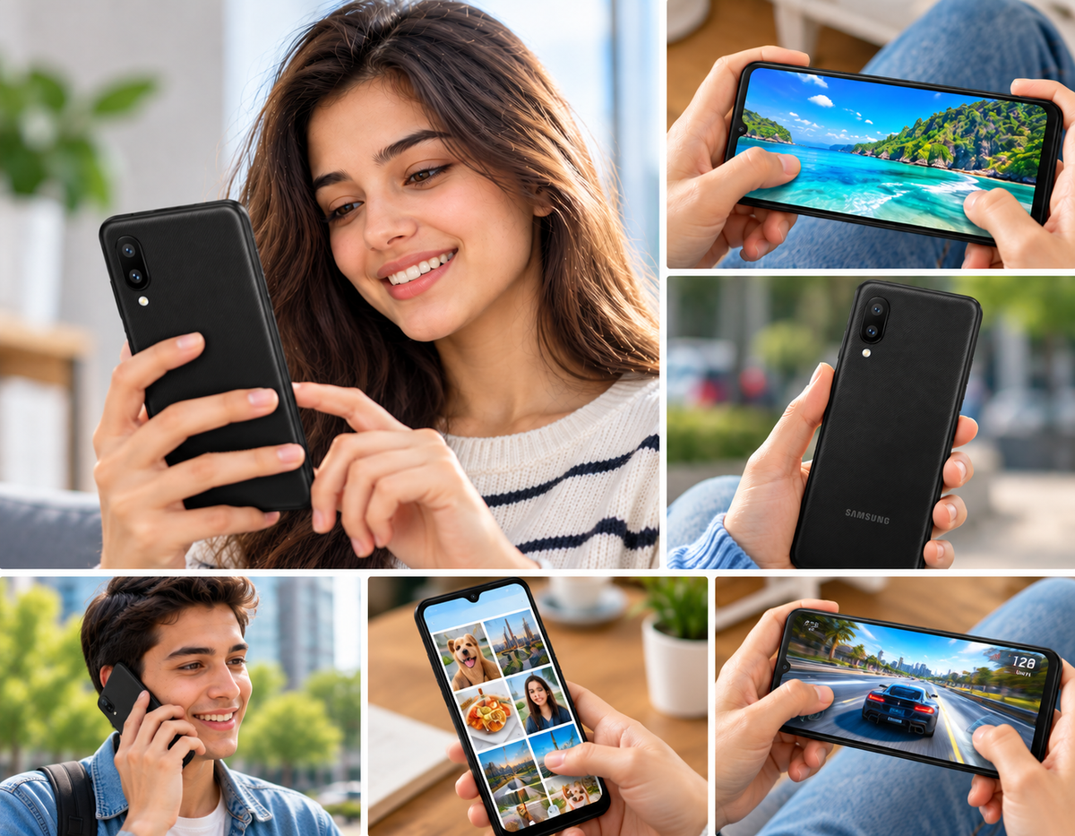 Black Samsung Galaxy A02 smartphone used for photos and video, held by a person.