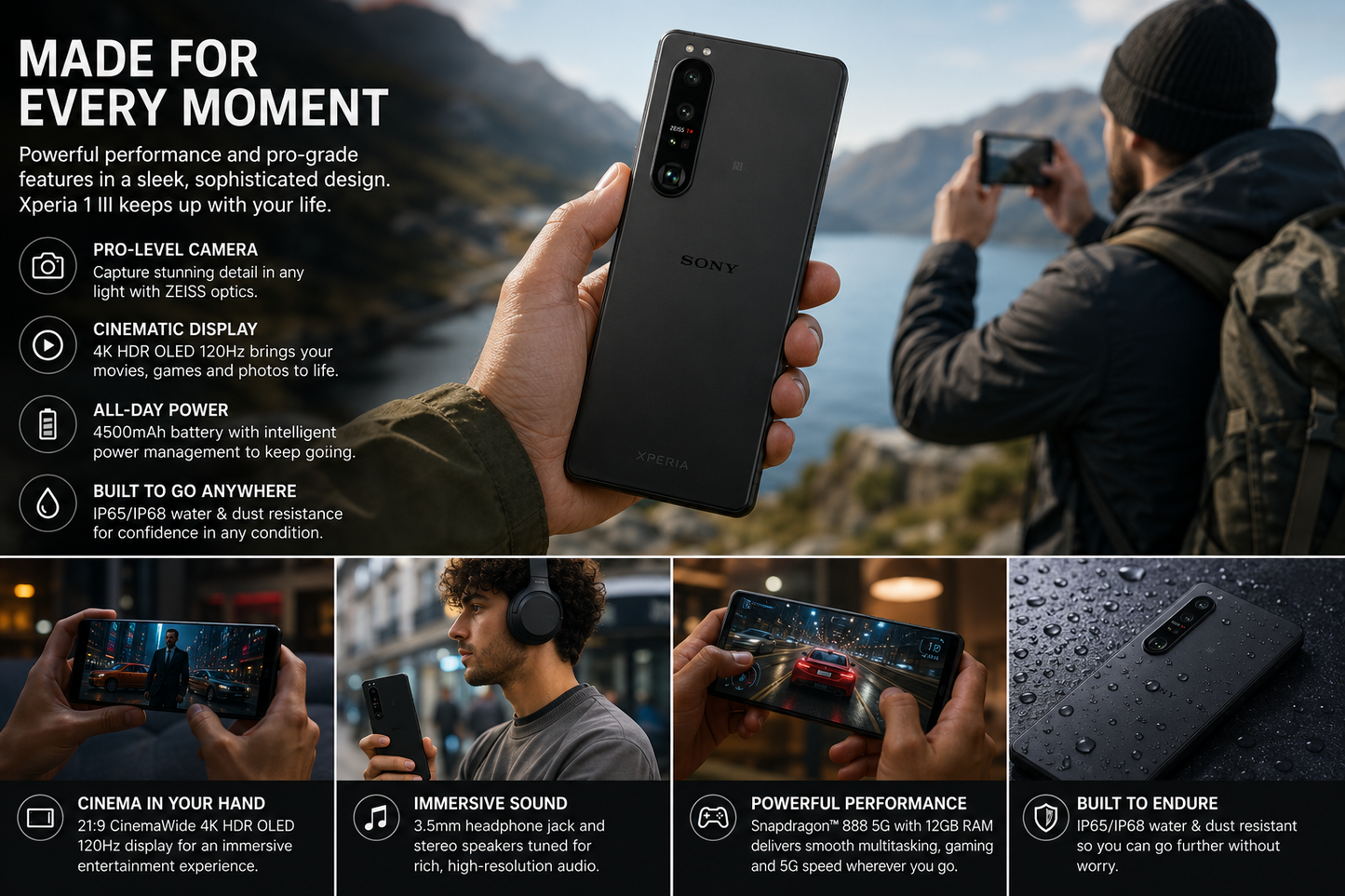 Frosted black Sony Xperia 1 III smartphone in hand, rear camera visible