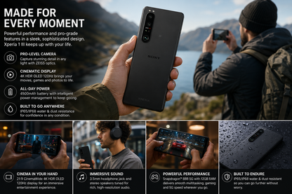 Frosted black Sony Xperia 1 III smartphone in hand, rear camera visible