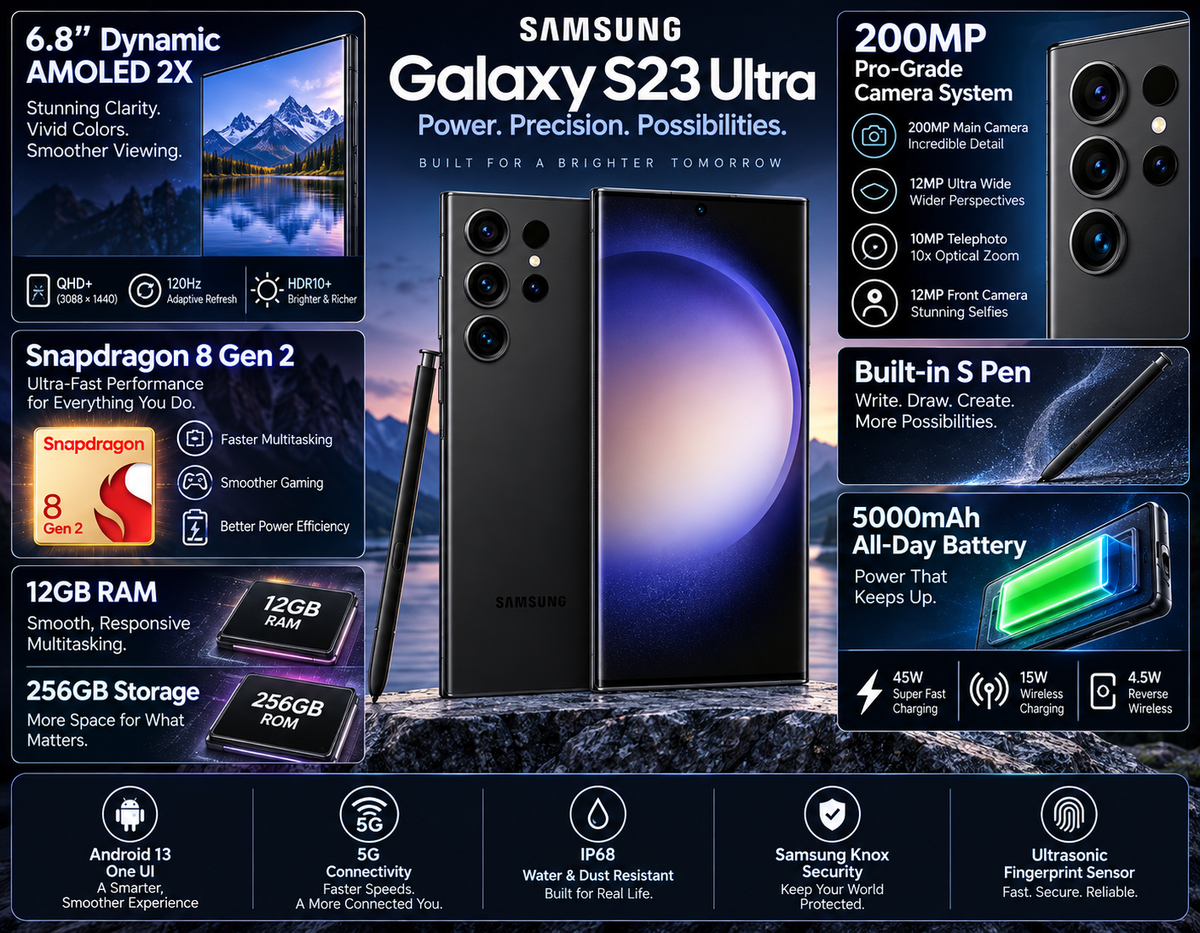 Samsung Galaxy S23 Ultra phone in black with front display and rear camera system, S Pen