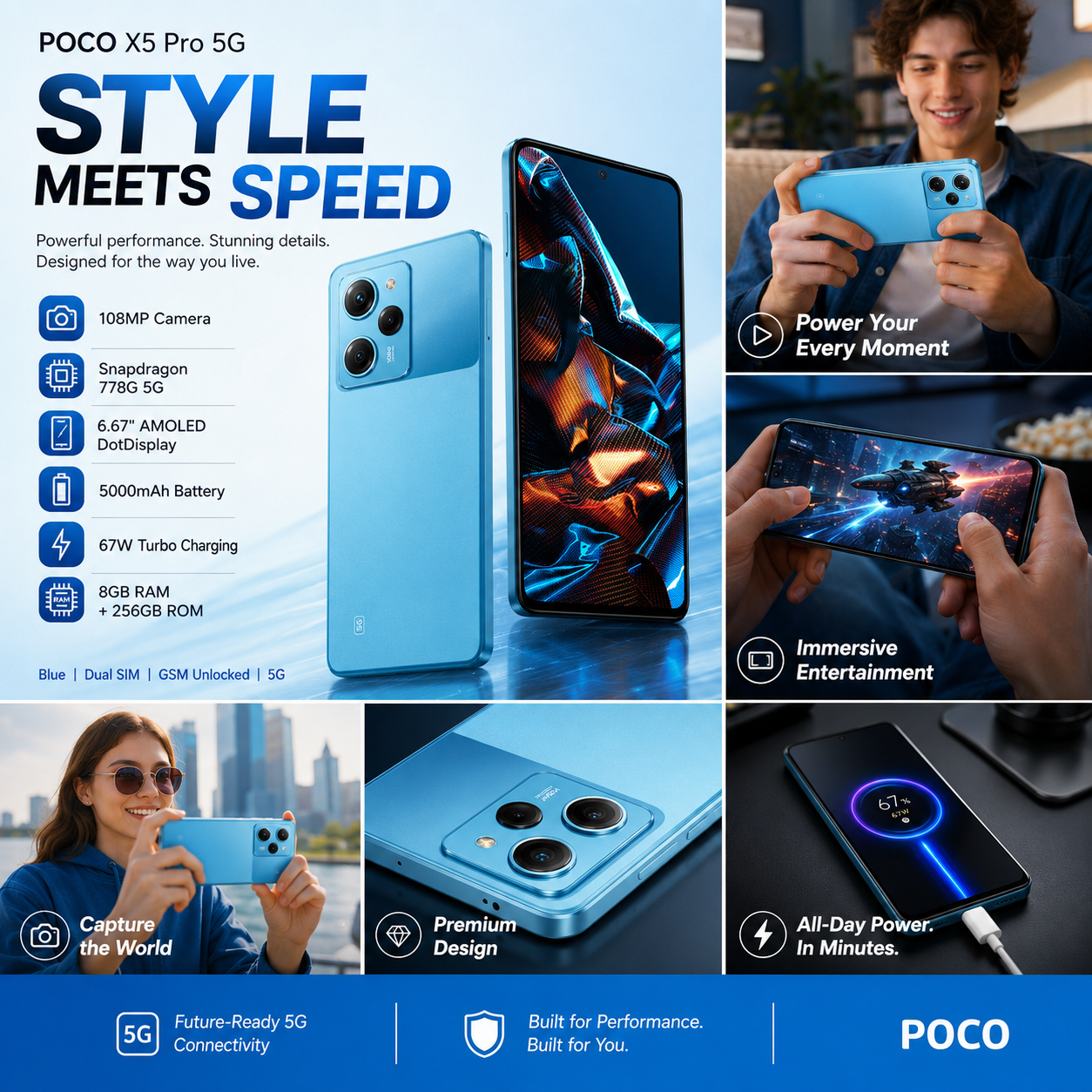 Xiaomi Poco X5 Pro 5G, Dual SIM, 256GB ROM 8GB RAM GSM Unlocked - Blue