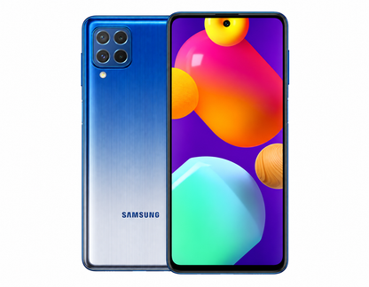 Blue Samsung Galaxy M62 smartphone showing front and back with triple rear camera
